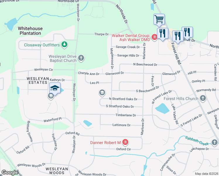 map of restaurants, bars, coffee shops, grocery stores, and more near 1450 Maplewood Drive in Macon
