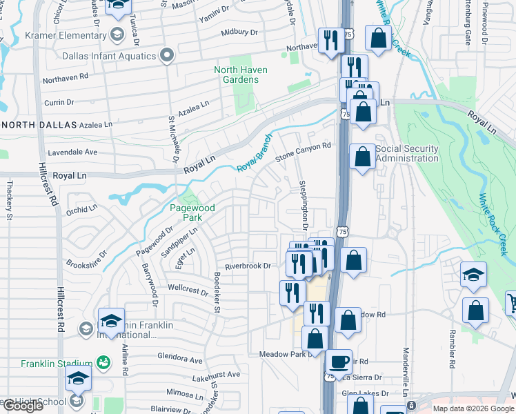 map of restaurants, bars, coffee shops, grocery stores, and more near 10702 Stone Canyon Road in Dallas