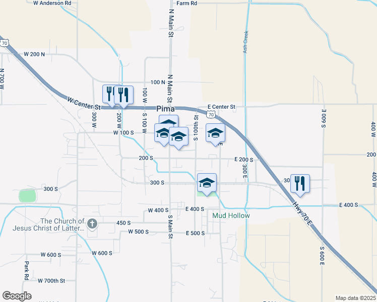 map of restaurants, bars, coffee shops, grocery stores, and more near 106 West 100 South in Pima