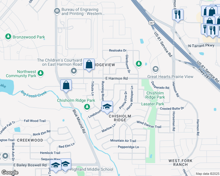 map of restaurants, bars, coffee shops, grocery stores, and more near 1221 Bonnet Drive in Fort Worth