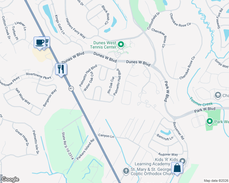 map of restaurants, bars, coffee shops, grocery stores, and more near 2736 Palmetto Hall Boulevard in Mount Pleasant