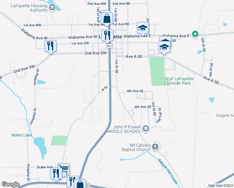 map of restaurants, bars, coffee shops, grocery stores, and more near 405 1st Street Southeast in La Fayette
