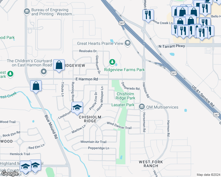 map of restaurants, bars, coffee shops, grocery stores, and more near 8536 Ranch Hand Trail in Fort Worth