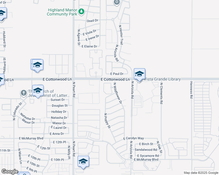 map of restaurants, bars, coffee shops, grocery stores, and more near 1569 North Wildflower Drive in Casa Grande