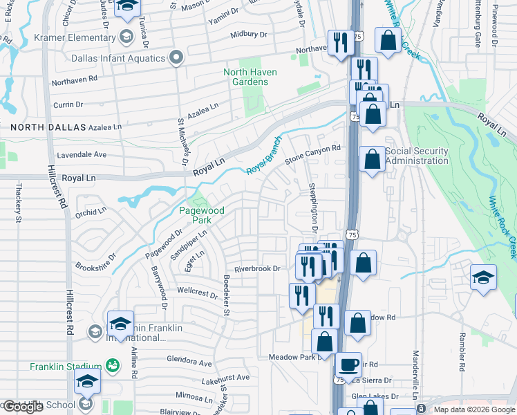 map of restaurants, bars, coffee shops, grocery stores, and more near 10811 Sandpiper Lane in Dallas