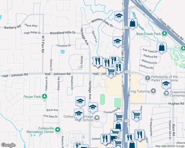 map of restaurants, bars, coffee shops, grocery stores, and more near 2565 Hall - Johnson Road in Grapevine
