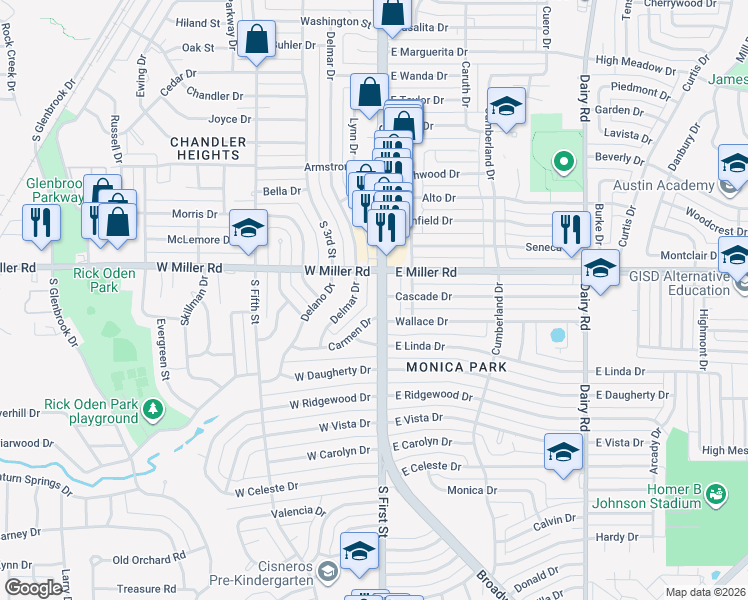 map of restaurants, bars, coffee shops, grocery stores, and more near 2013 South 1st Street in Garland
