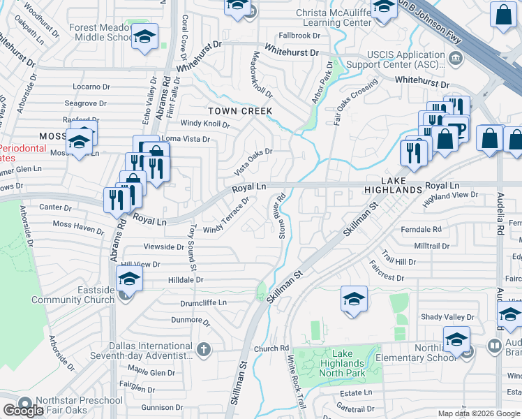 map of restaurants, bars, coffee shops, grocery stores, and more near 8408 Old Moss Road in Dallas