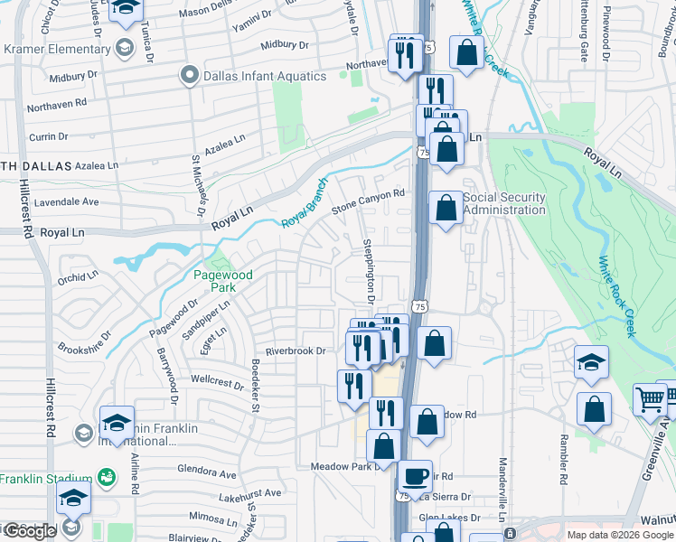 map of restaurants, bars, coffee shops, grocery stores, and more near 10651 Steppington Drive in Dallas