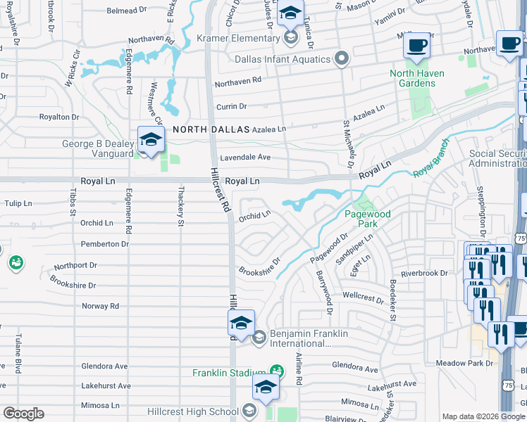 map of restaurants, bars, coffee shops, grocery stores, and more near 6991 Forest Glade Circle in Dallas