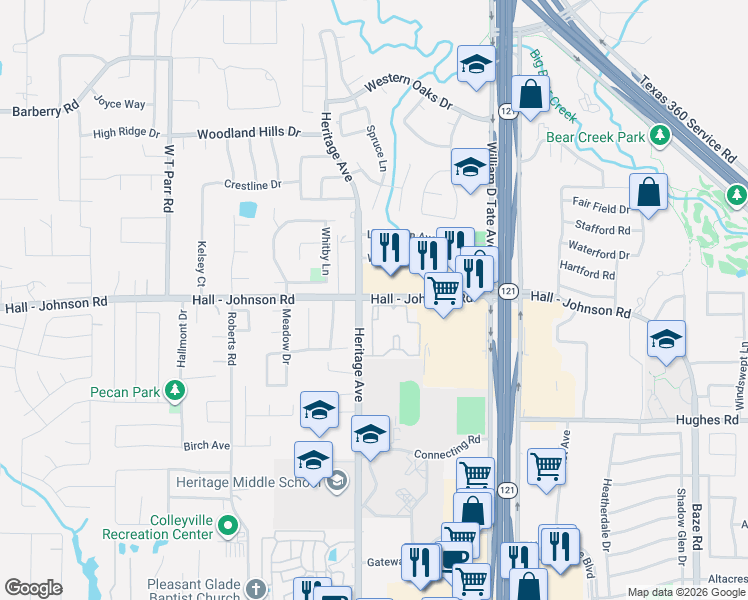 map of restaurants, bars, coffee shops, grocery stores, and more near 2920 Mustang Drive in Grapevine