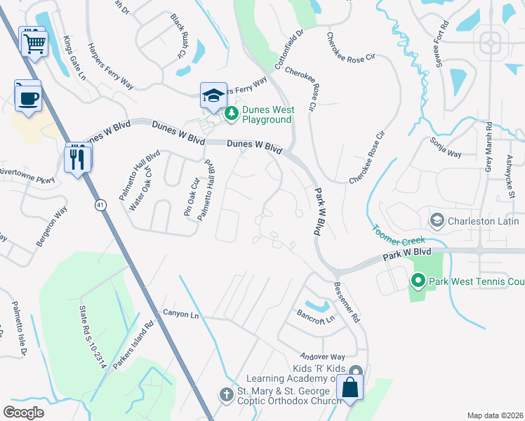map of restaurants, bars, coffee shops, grocery stores, and more near 1551 Deene Park Circle in Mount Pleasant
