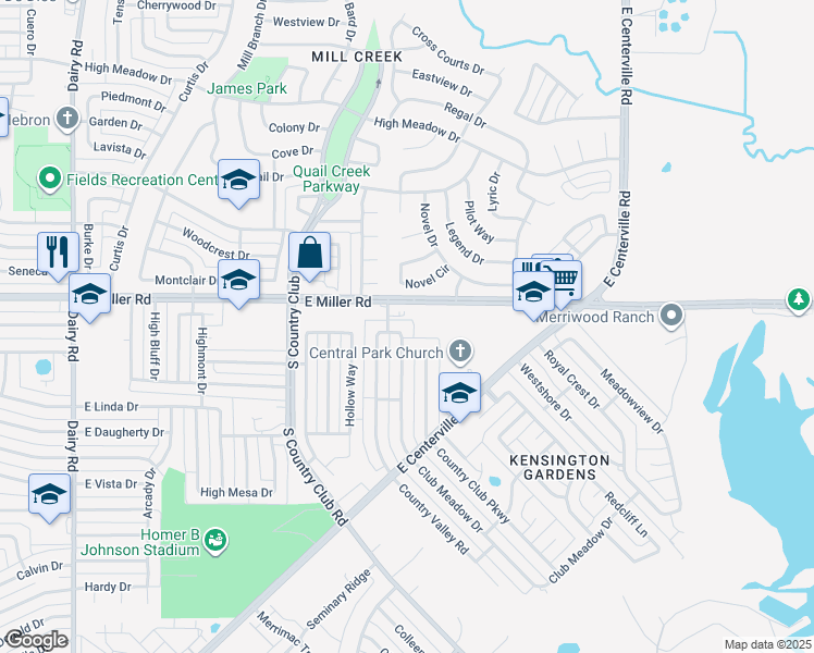 map of restaurants, bars, coffee shops, grocery stores, and more near 2210 Club Meadow Drive in Garland