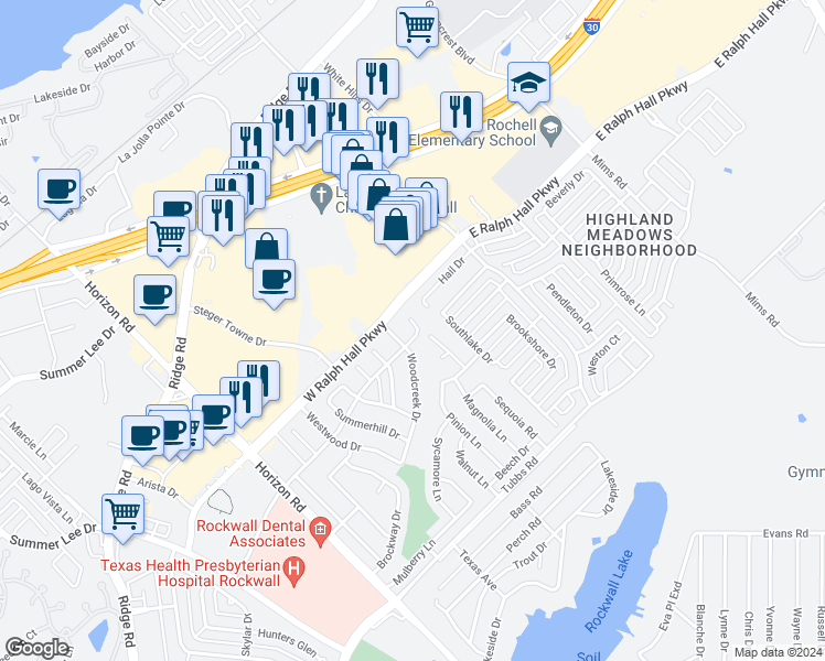 map of restaurants, bars, coffee shops, grocery stores, and more near 201 Parkway Court in Rockwall