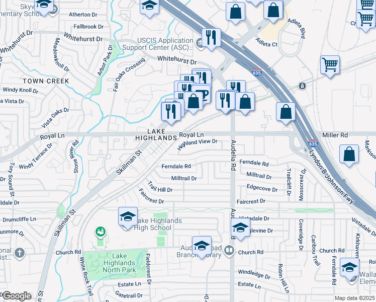 map of restaurants, bars, coffee shops, grocery stores, and more near 9509 Summerhill Lane in Dallas