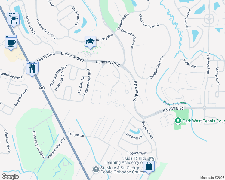 map of restaurants, bars, coffee shops, grocery stores, and more near 1551 Deene Park Circle in Mount Pleasant
