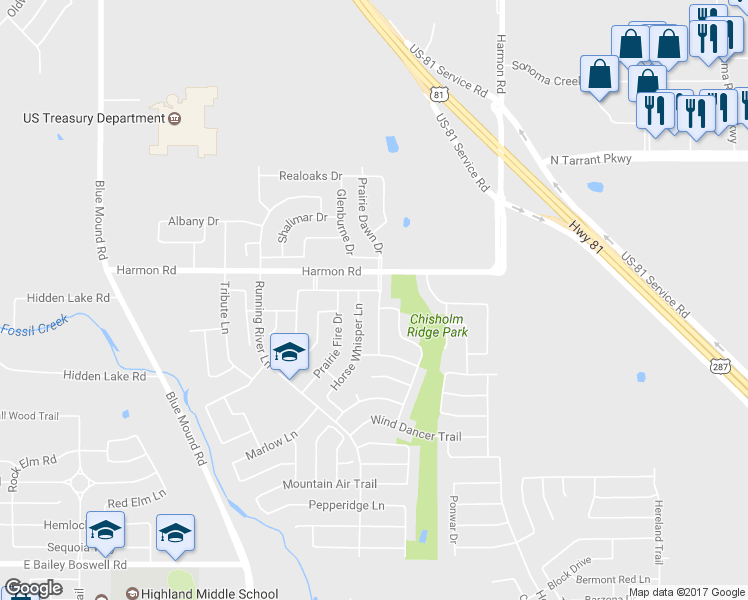 map of restaurants, bars, coffee shops, grocery stores, and more near 8525 Prairie Dawn Drive in Fort Worth