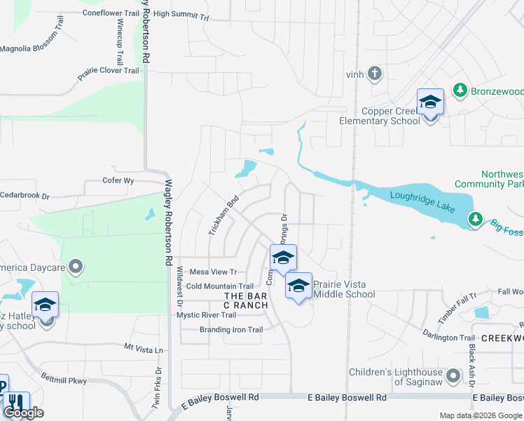 map of restaurants, bars, coffee shops, grocery stores, and more near 324 Running Water Trail in Fort Worth