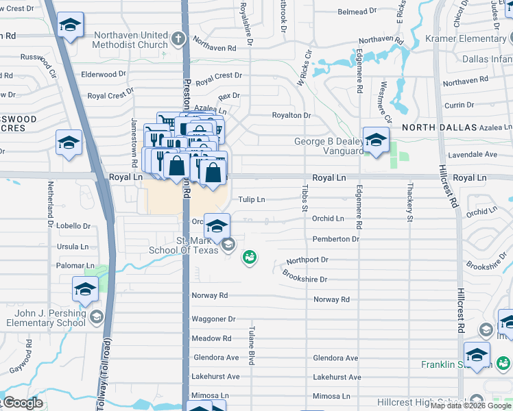 map of restaurants, bars, coffee shops, grocery stores, and more near 6206 Tulip Lane in Dallas