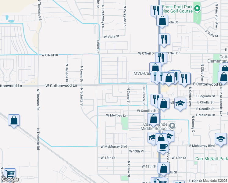 map of restaurants, bars, coffee shops, grocery stores, and more near 1590 North Wood Street in Casa Grande