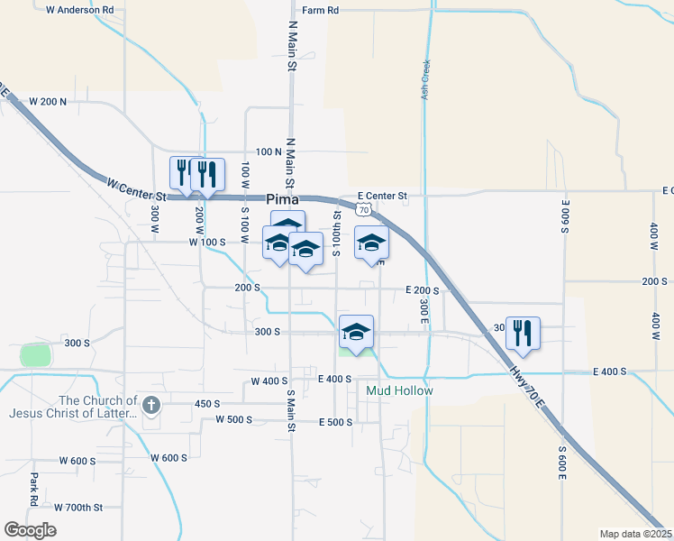 map of restaurants, bars, coffee shops, grocery stores, and more near 106-162 West 100 North in Pima