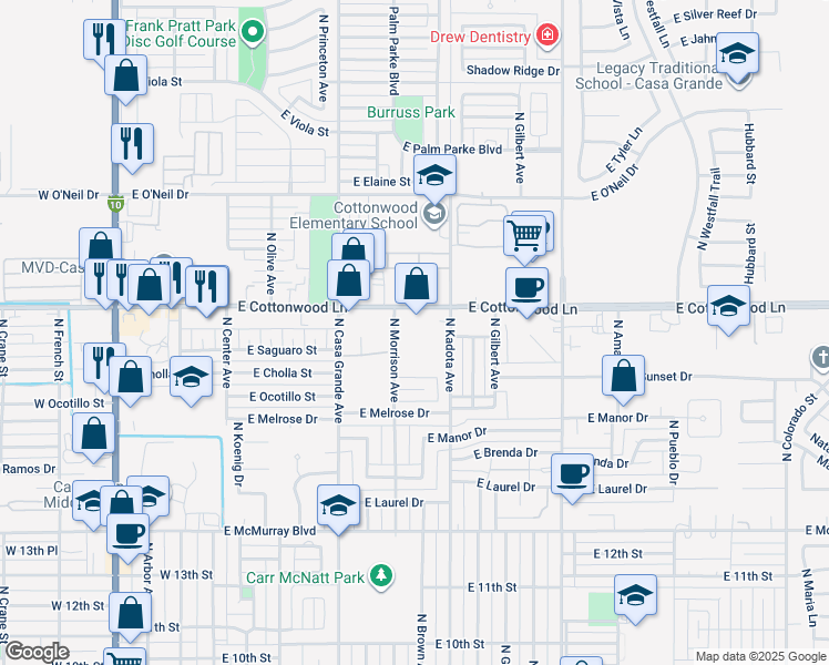 map of restaurants, bars, coffee shops, grocery stores, and more near 647 East Cottonwood Lane in Casa Grande