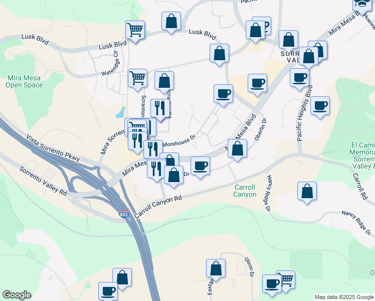 map of restaurants, bars, coffee shops, grocery stores, and more near 5505 Morehouse Drive in San Diego