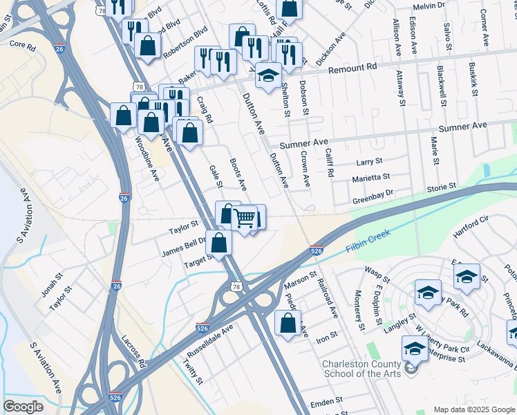 map of restaurants, bars, coffee shops, grocery stores, and more near 5402 Boots Avenue in North Charleston