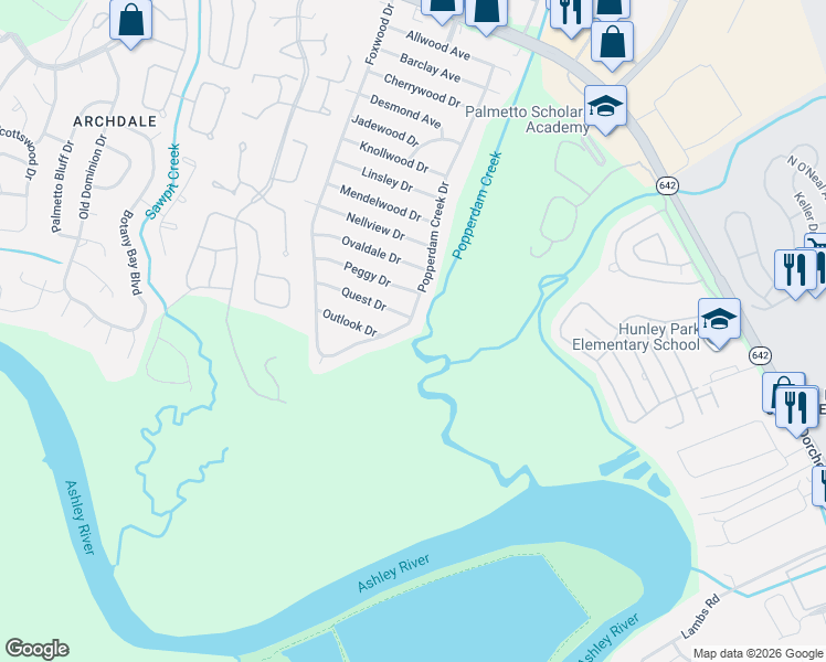 map of restaurants, bars, coffee shops, grocery stores, and more near 4977 Popperdam Creek Drive in North Charleston