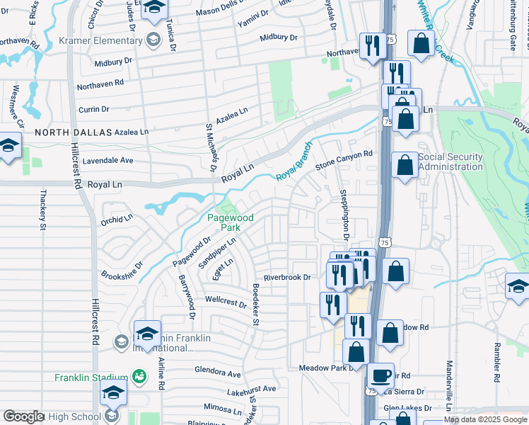 map of restaurants, bars, coffee shops, grocery stores, and more near 10738 Pagewood Drive in Dallas