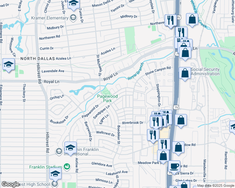 map of restaurants, bars, coffee shops, grocery stores, and more near 10738 Pagewood Drive in Dallas