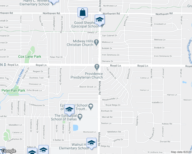 map of restaurants, bars, coffee shops, grocery stores, and more near 10719 Midway Road in Dallas