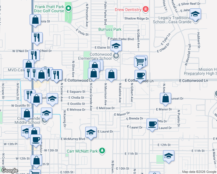 map of restaurants, bars, coffee shops, grocery stores, and more near 647 East Cottonwood Lane in Casa Grande