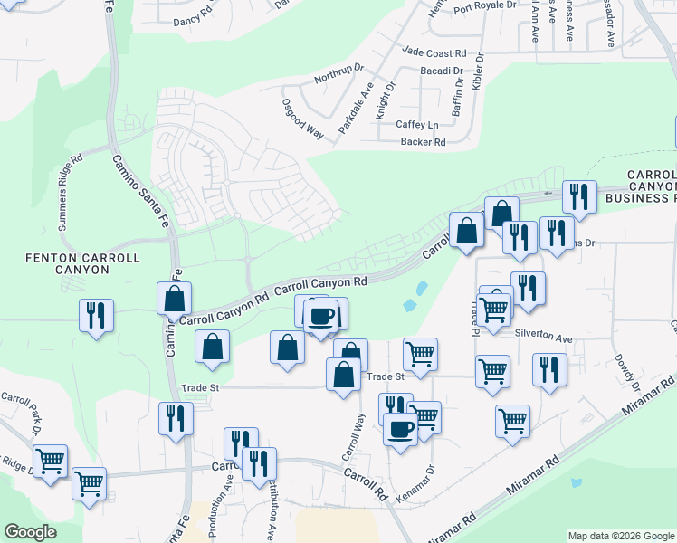 map of restaurants, bars, coffee shops, grocery stores, and more near Onyx Way in San Diego