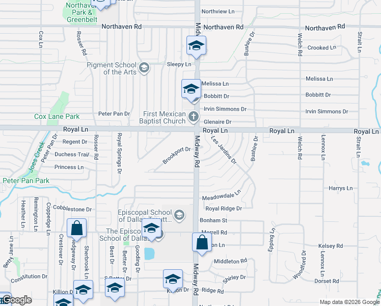 map of restaurants, bars, coffee shops, grocery stores, and more near 10719 Midway Road in Dallas