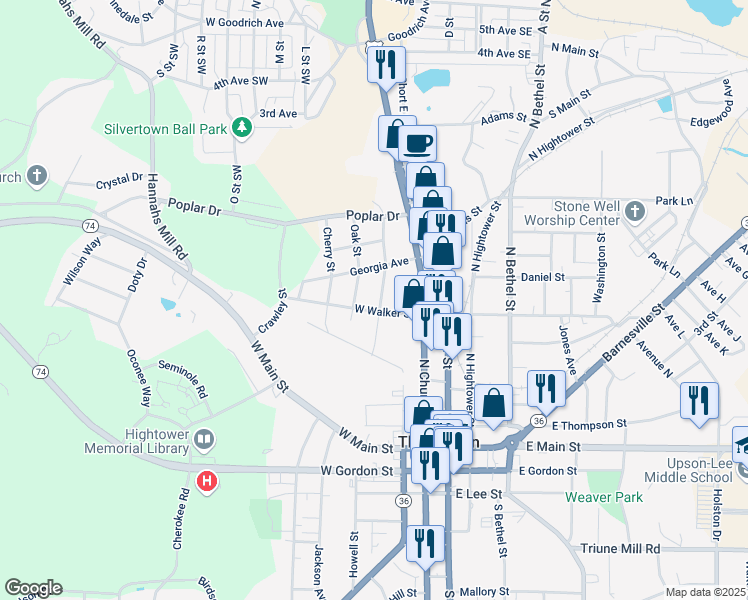 map of restaurants, bars, coffee shops, grocery stores, and more near 400 Oak Street in Thomaston