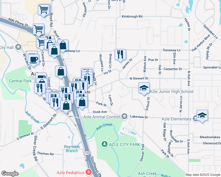 map of restaurants, bars, coffee shops, grocery stores, and more near 628 Alfred Drive in Azle