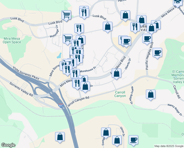 map of restaurants, bars, coffee shops, grocery stores, and more near 5505 Morehouse Drive in San Diego