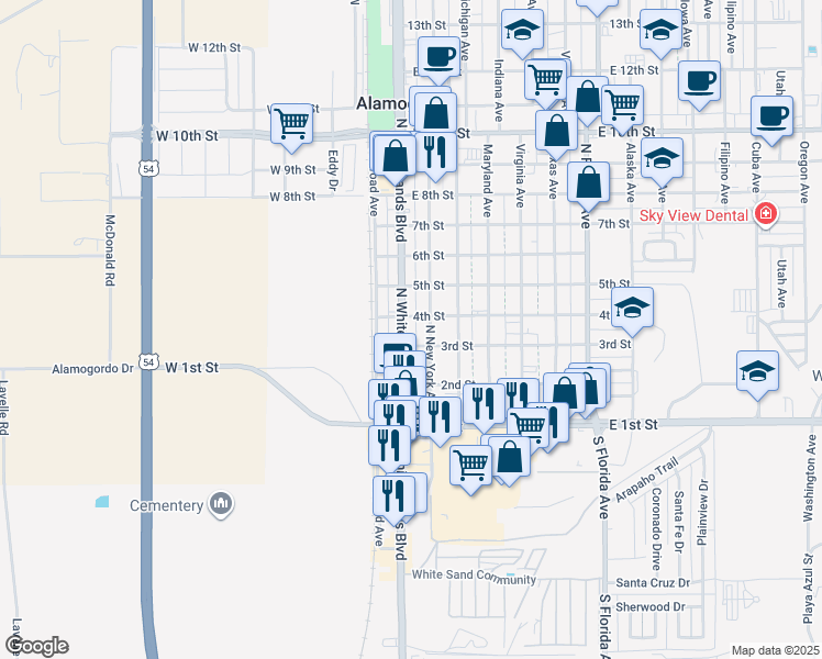 map of restaurants, bars, coffee shops, grocery stores, and more near 316 N White Sands Blvd in Alamogordo