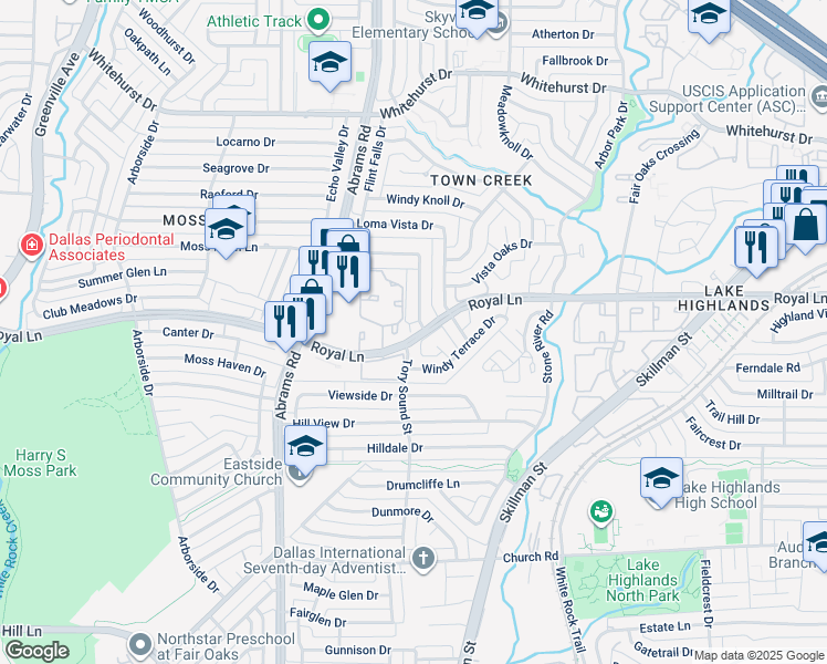 map of restaurants, bars, coffee shops, grocery stores, and more near 9621 Moss Farm Lane in Dallas
