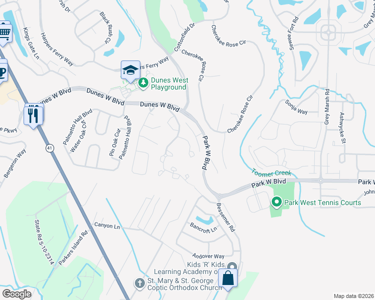 map of restaurants, bars, coffee shops, grocery stores, and more near 1675 Camfield Lane in Mount Pleasant