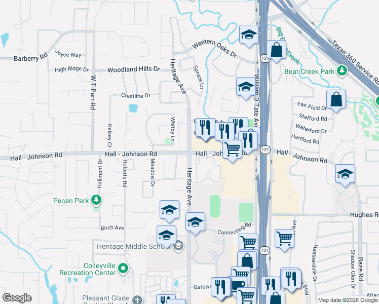 map of restaurants, bars, coffee shops, grocery stores, and more near 2551 Hall Johnson Road in Grapevine