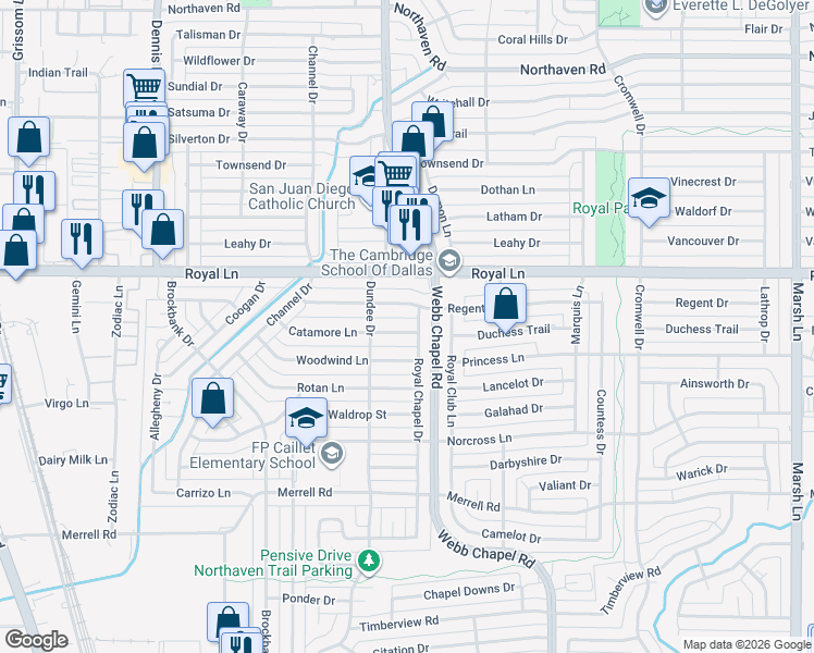map of restaurants, bars, coffee shops, grocery stores, and more near 3233 Catamore Lane in Dallas