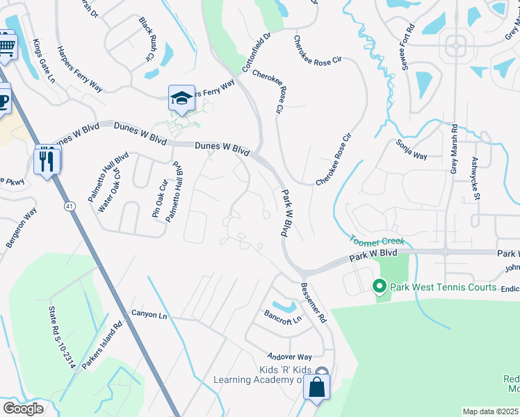 map of restaurants, bars, coffee shops, grocery stores, and more near 1675 Camfield Lane in Mount Pleasant