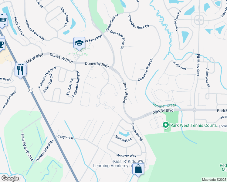 map of restaurants, bars, coffee shops, grocery stores, and more near 1657 Camfield Lane in Mount Pleasant