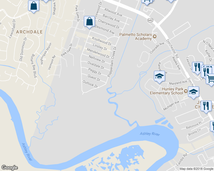 map of restaurants, bars, coffee shops, grocery stores, and more near 4977 Popperdam Creek Drive in North Charleston