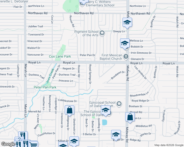 map of restaurants, bars, coffee shops, grocery stores, and more near 10714 Royal Springs Drive in Dallas