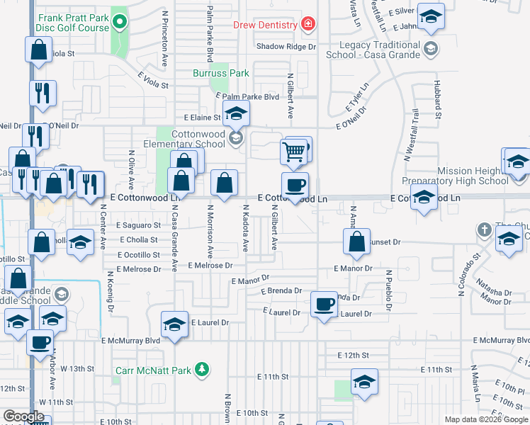 map of restaurants, bars, coffee shops, grocery stores, and more near 1578 North Gilbert Avenue in Casa Grande