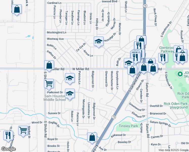 map of restaurants, bars, coffee shops, grocery stores, and more near 2016 Ridgecrest Drive in Garland