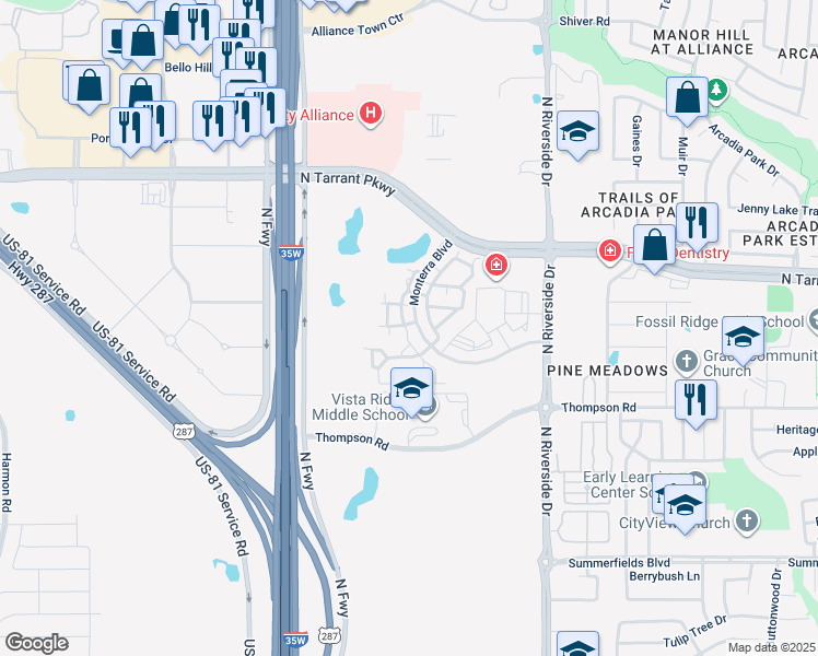 map of restaurants, bars, coffee shops, grocery stores, and more near 805 Monterra Bluff Lane in Fort Worth